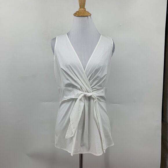 New York & Company Blouse Womens 4 White Tie Waist Surplice Sleeveless Stretch - Picture 2 of 14